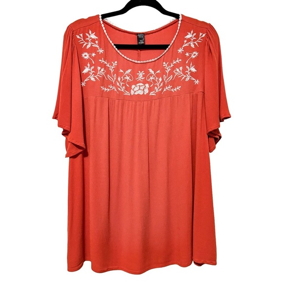 Women’s Plus 3X Embroidered Boho Peasant Blouse Rust Terracotta Orange Fall Top - Picture 1 of 10